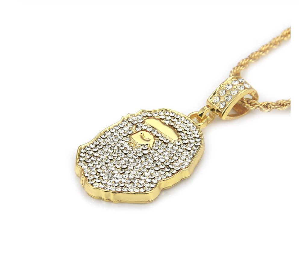 A Bathing Ape Chain Bape Necklace Bape Chain Gorilla Necklace Ape Hip Hop Jewelry Gold Color Metal Alloy Simulated Diamonds 24in.