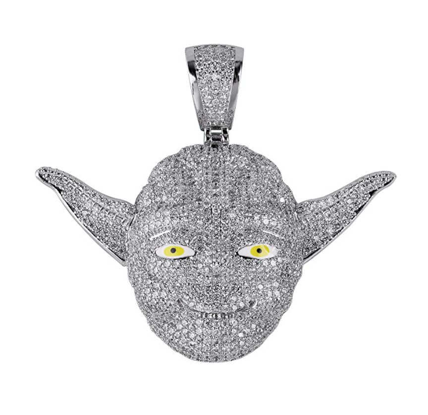 Star Wars Yoda Necklace Silver Color Metal Alloy Simulated Diamond Necklace Yoda Pendant Hip Hop Bling Yoda Chain Star Wars Yoda Jewelry 24in.