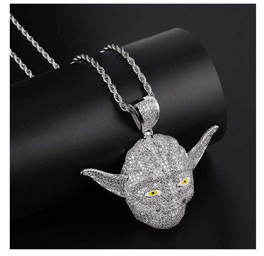 Star Wars Yoda Necklace Silver Color Metal Alloy Simulated Diamond Necklace Yoda Pendant Hip Hop Bling Yoda Chain Star Wars Yoda Jewelry 24in.