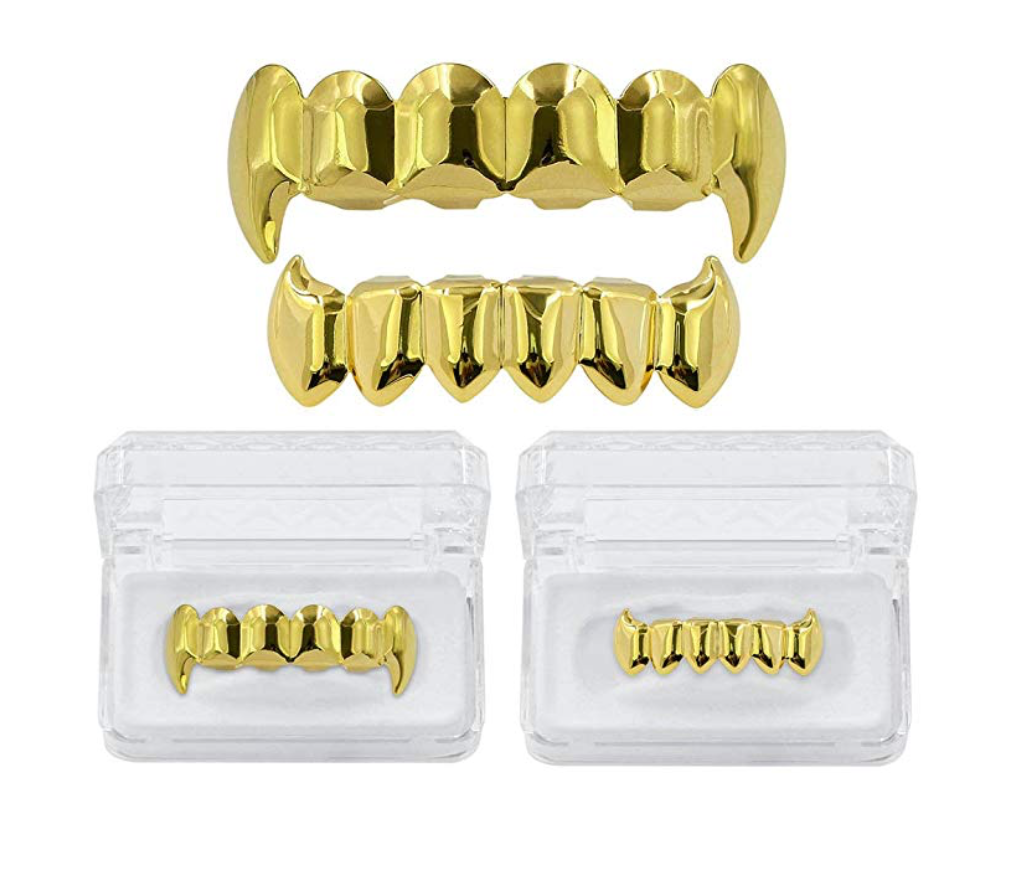 Gold Tone Vampire Fangs Gold Grillz Set Hip Hop Grillz Rapper Jewelry Grillz Silver Color Dental Grill Mod Kit