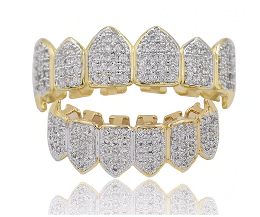 Grillz Gold Color Metal Alloy Teeth Rapper Jewelry Iced Out Dental Grills Simulated-Diamond Grillz Gold Fang Grillz Diamond Hip Hop Mold Kit