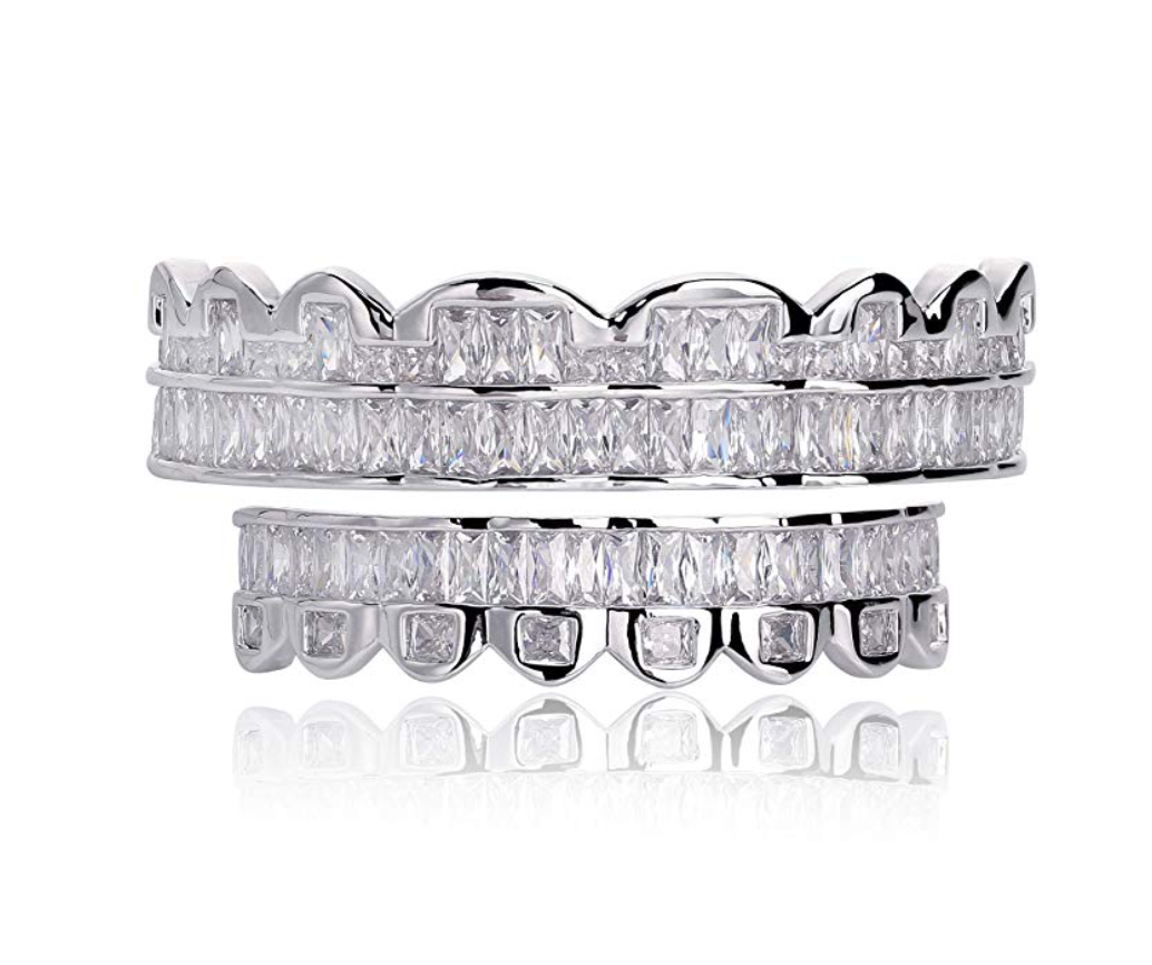 Silver Tone Grillz Baguette Grillz Simulated-Diamond Jewelry Dental Grills Fang Silver Color Metal Grillz Baguette Diamond Mold Kit