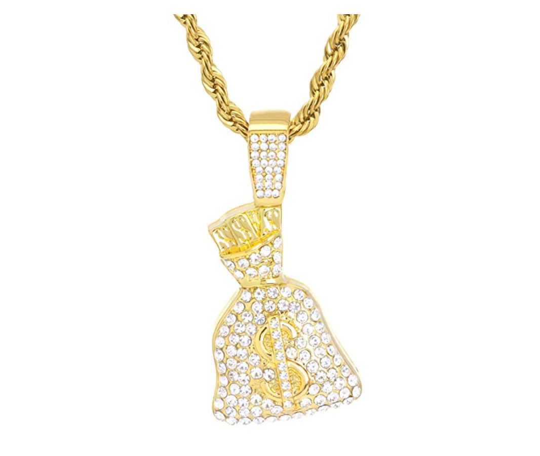Iced Out Money Bag Necklace Pendant Hip Hop Jewelry Moneybag Necklace Cash Money Chain Simulated Diamond Gold Silver Color Metal Alloy 24in.