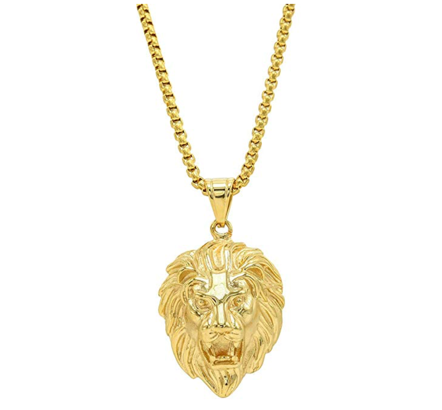 African Lion Necklace Hebrew Israelite Jewelry Lion Head Chain Leo Lion of Judah Necklace Gold Color Metal Alloy 24in.