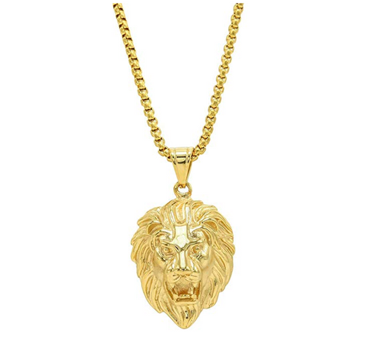 African Lion Necklace Hebrew Israelite Jewelry Lion Head Chain Leo Lion of Judah Necklace Gold Stainless Steel 24in.