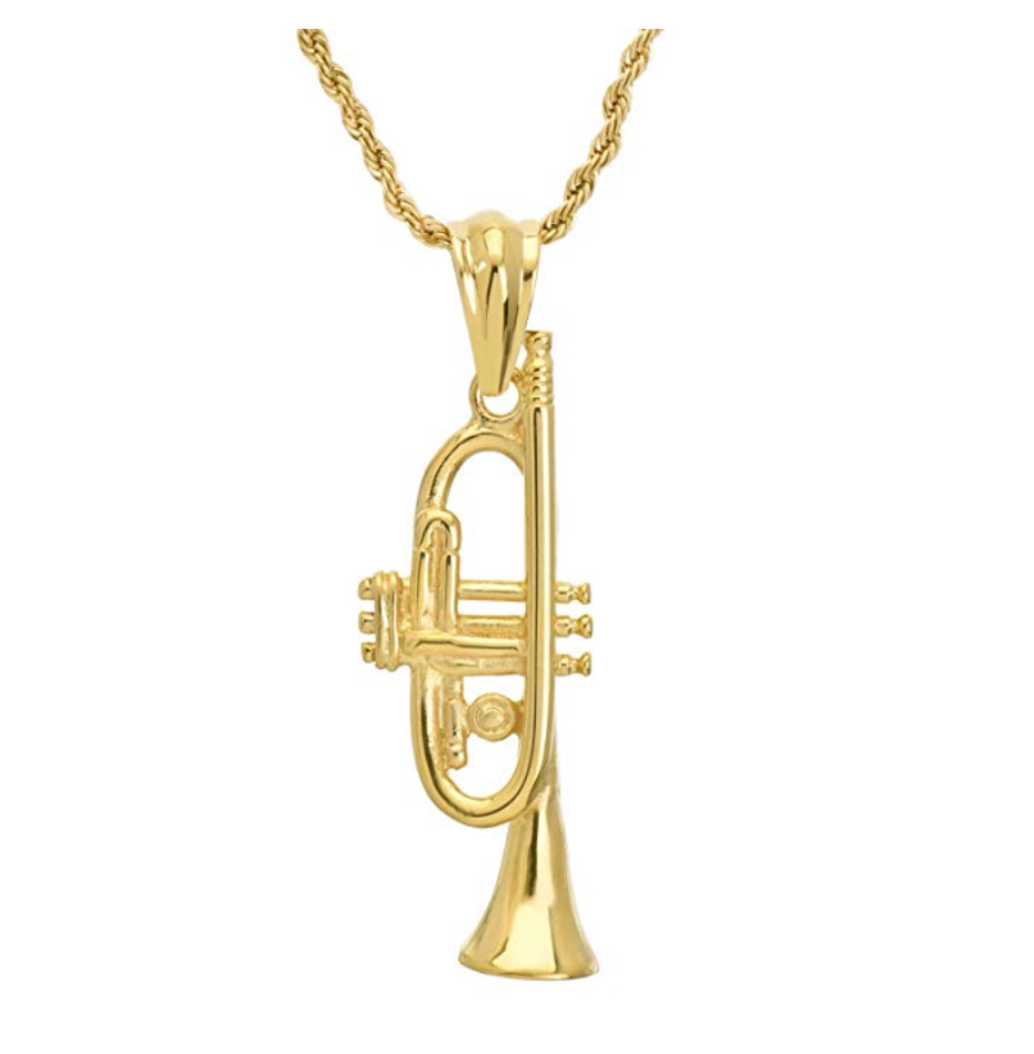 Trumpet Pendant Necklace Music Rope Twist Chain Trumpet Horn Gold Color Metal Alloy 24in.