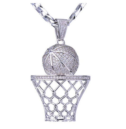 Basketball Chain Luxury Iced Out Diamond Rim Net Pendant Cuban Link Silver Necklace