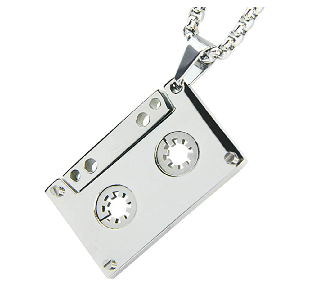 Music Cassette Necklace Silver Color Metal Alloy Tape Pendant Box Chain Old Skool Retro Jewelry 24in
