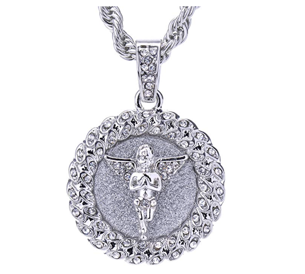 Angel Necklace Iced Out Angel Medallion Pendant Rope Twist Chain Hip Hop Simulated Diamond Silver Color Metal Alloy