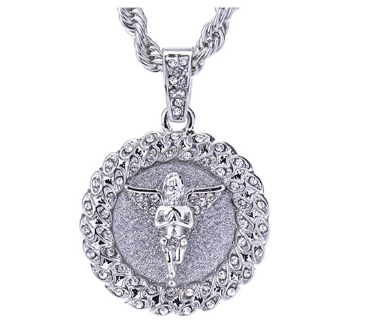 Angel Necklace Iced Out Angel Medallion Pendant Chain Diamond Silver Gold 24in.