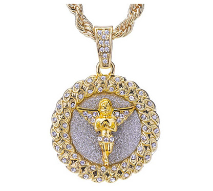 Angel Necklace Iced Out Angel Medallion Pendant Rope Twist Chain Hip Hop Simulated Diamond Silver Color Metal Alloy