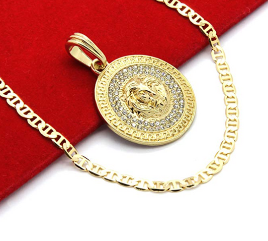 Lion Medallion Necklace Medusa Chain Iced Out Simulated-Diamond Gold Color Metal Alloy African Lion Leo Jewelry 24in.