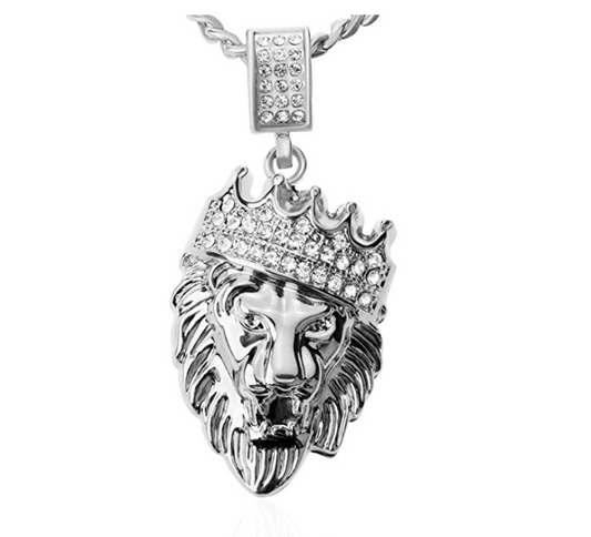 Lion Crown Necklace Lion King Simulated-Diamond African Lion Head Chain Crown Silver Necklace Judah Lion Hebrew Israelite Chain Leo Gold Color Metal Alloy 24in.