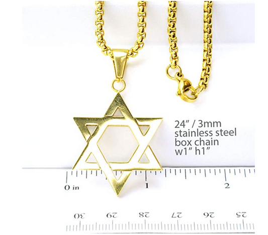 Star of David Necklace Jewish Star Chain Six Point Star Pendant Hebrew Israelite Israel Jewelry Gold Stainless Steel 24in.