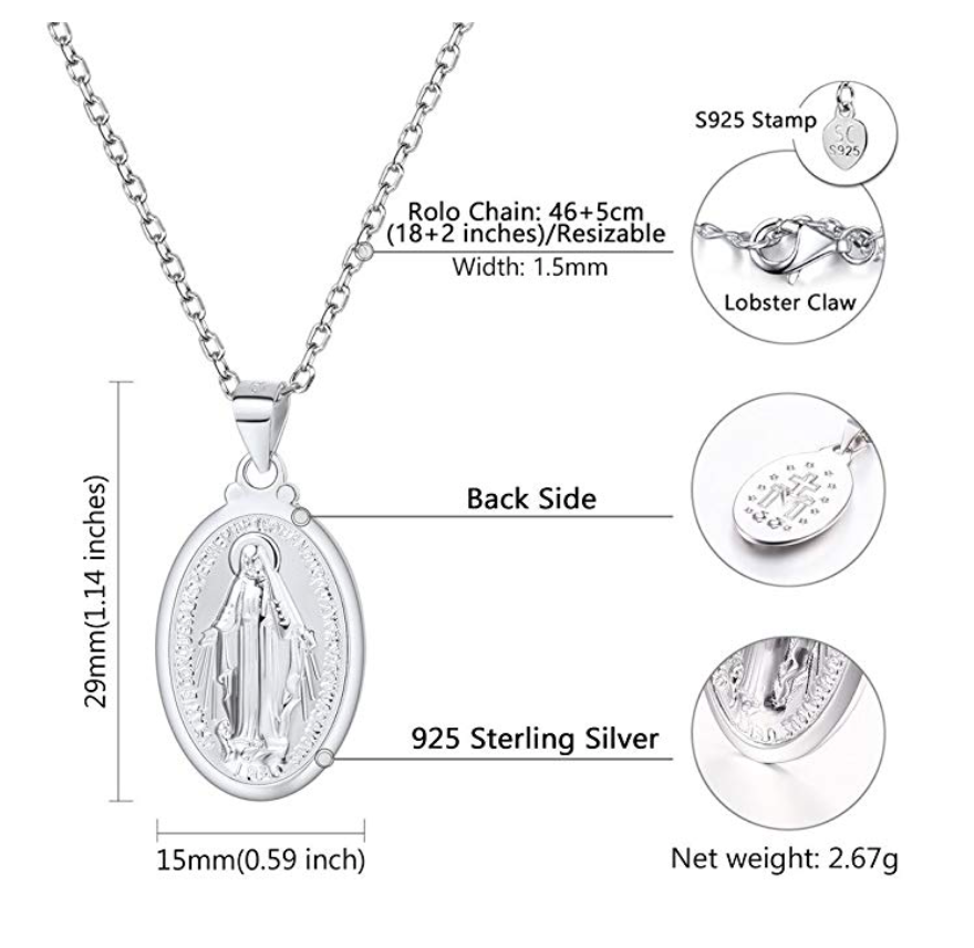 Mary Mother Necklace 925 Sterling Silver Jesus Cross Necklace Holy Catholic Christian Jewelry GIft 22in
