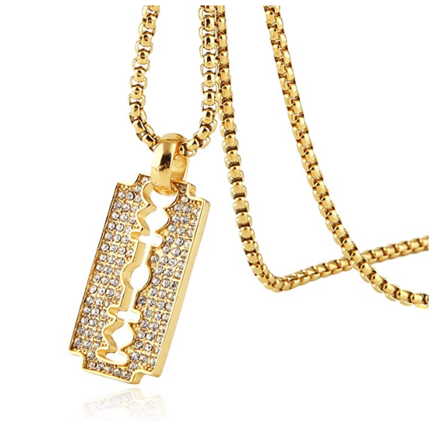 Straight Razor Necklace Blade Iced Out Gold Barber Chain Simulated Diamond Blade Hip Hop Bling Gold Silver Color Metal Alloy 24in.