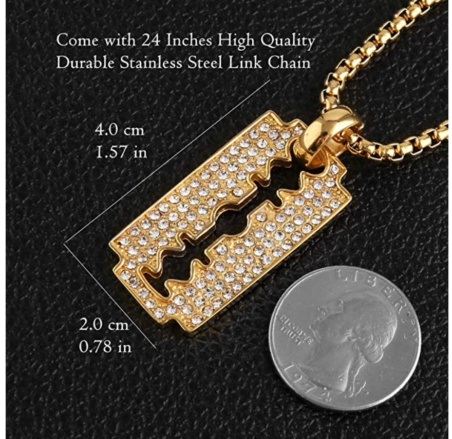 Straight Razor Necklace Blade Iced Out Gold Barber Chain Simulated Diamond Blade Hip Hop Bling Gold Silver Color Metal Alloy 24in.