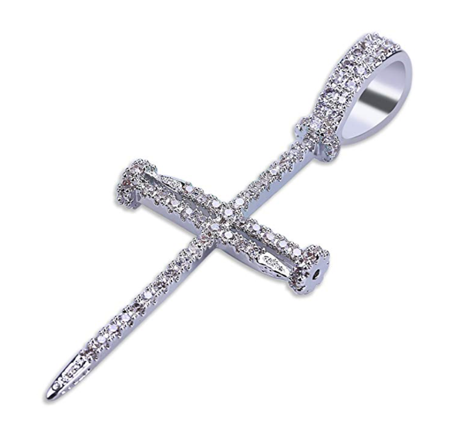Skinny Nail Cross Necklace Simulated Diamond Cross Pendant Tennis Chain Hip Hop Jewelry Small Jesus Nail Cross Gold Silver Color Metal Alloy 24in.