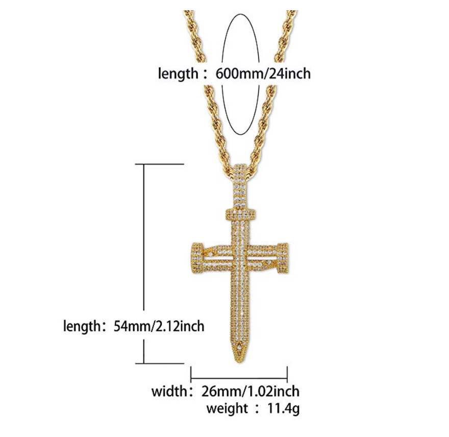 Nail Cross Necklace Simulated Diamond Cross Pendant Silver Color Metal Alloy Hip Hop Jewelry Iced Out Jesus Nail Cross 24in.