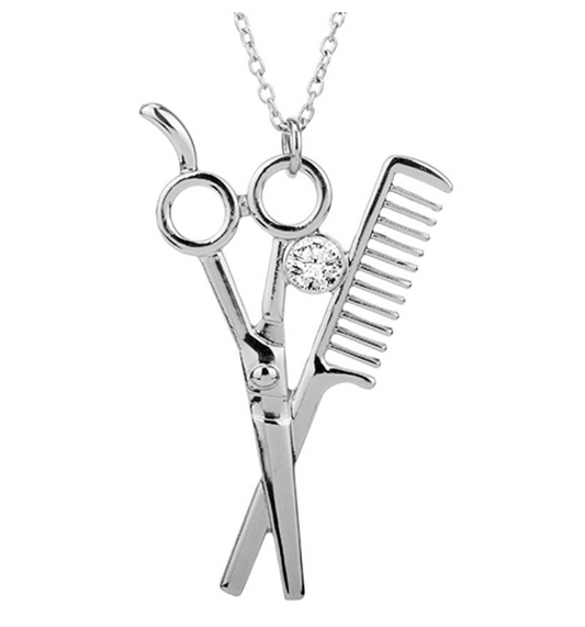 Hair Scissors Necklace Barber Jewelry Simulated Diamond Barbershop Chain Gold Color Metal Alloy  Comb Necklace Silver 22in.