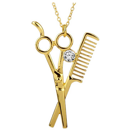 Hair Scissors Necklace Barber Jewelry Simulated Diamond Barbershop Chain Gold Color Metal Alloy  Comb Necklace Silver 22in.