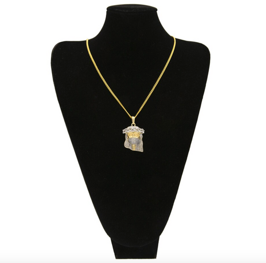 Jesus Ski Mask Chain Simulated Diamond Gold Color Metal Alloy Jesus Face Necklace Silver Robber Hip Hop Jewelry 24in.