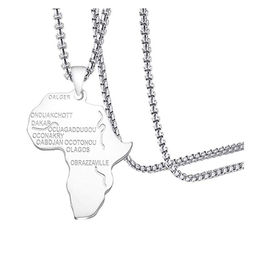 Africa Map Necklace African Map Pendant Chain Egyptian Jewelry Silver Chain Gold Stainless Steel 24in.