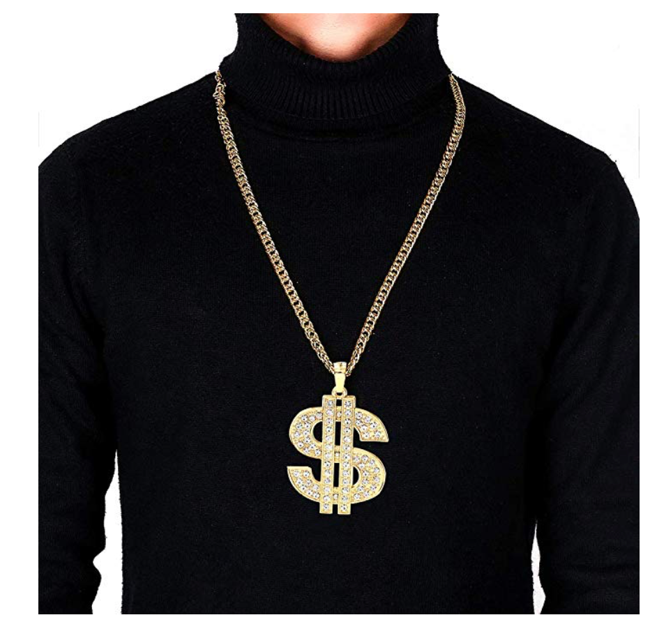 Money Necklace Gold Color Metal Alloy Cash Money Chain Simulated Diamond Dollar Sign Chain Hip Hop Jewelry 30in.