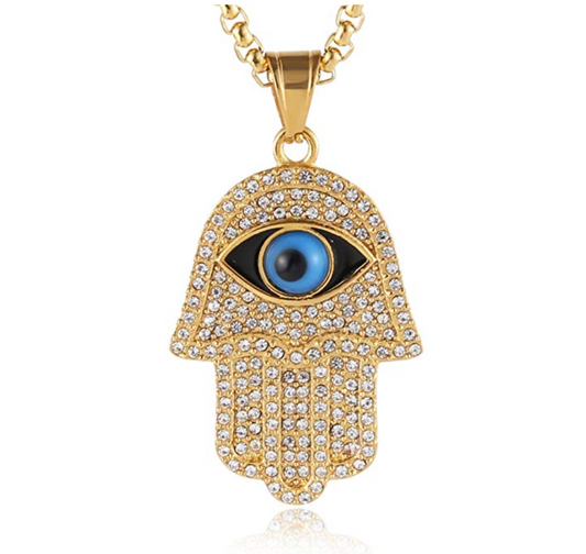 Hand of Fatima Necklace Hamsa Hand Chain Blue Evil Eye Kabbalah Islamic Muslim Diamond Jewelry Gold Stainless Steel  24in.