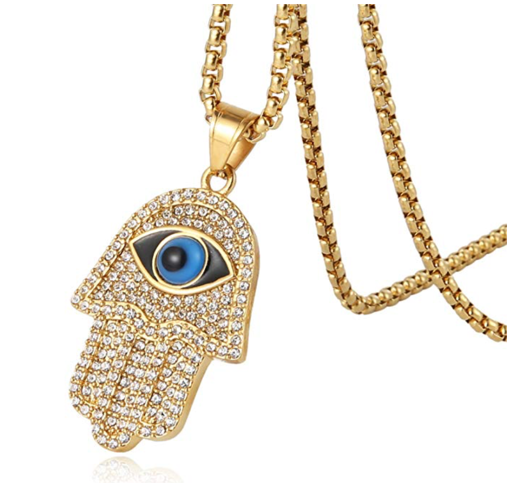 Hand of Fatima Necklace Hamsa Hand Chain Blue Evil Eye Kabbalah Islamic Muslim Diamond Jewelry Gold Stainless Steel  24in.
