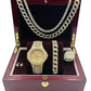 Gold Color Watch Simulated Diamond Watch Bundle Bracelet Cuban Link Necklace Tennis Chain Ring Earrings Gift Set