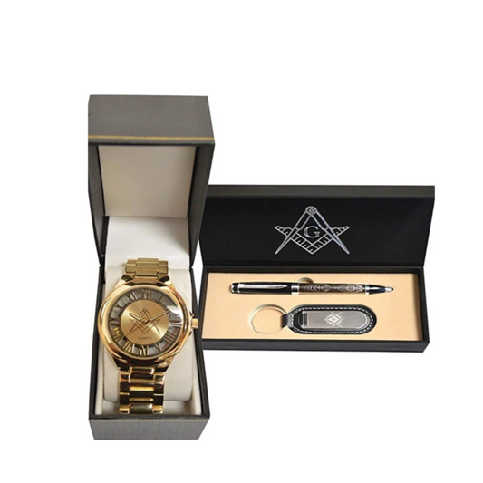 Gold Stainless Steel Freemason Watch Free Accepted Master Mason Masonic Regalia Pen And Keychain Set