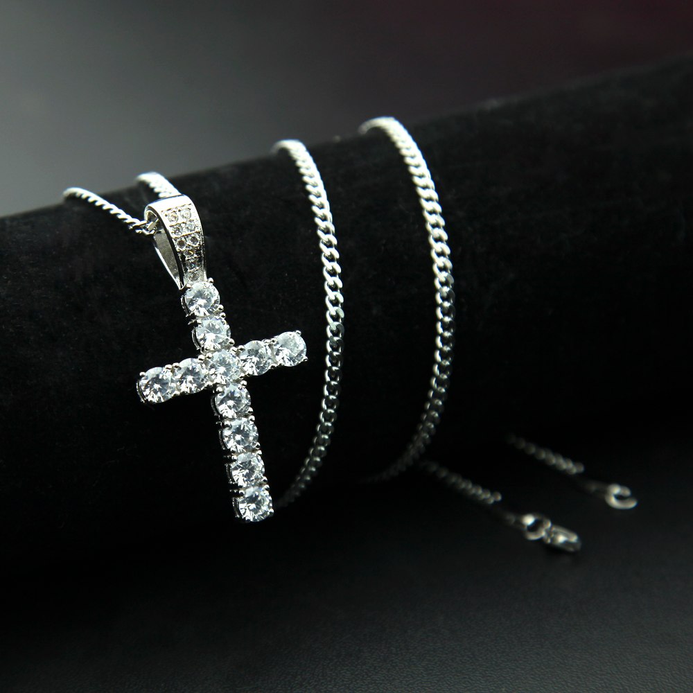 Silver Jesus Cross Pendant Necklace Cross Gold Chain Christian Jewelry Gift Holy Cross Simulated Diamond 24in.