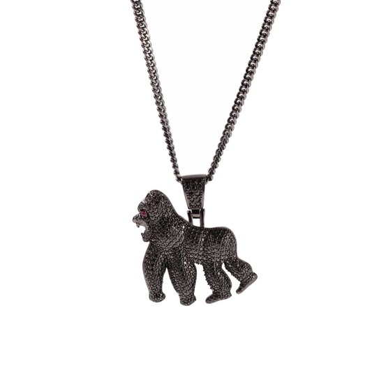 Black Gorilla Necklace Diamond Ape Chain Silver Monkey Jewelry 24in.